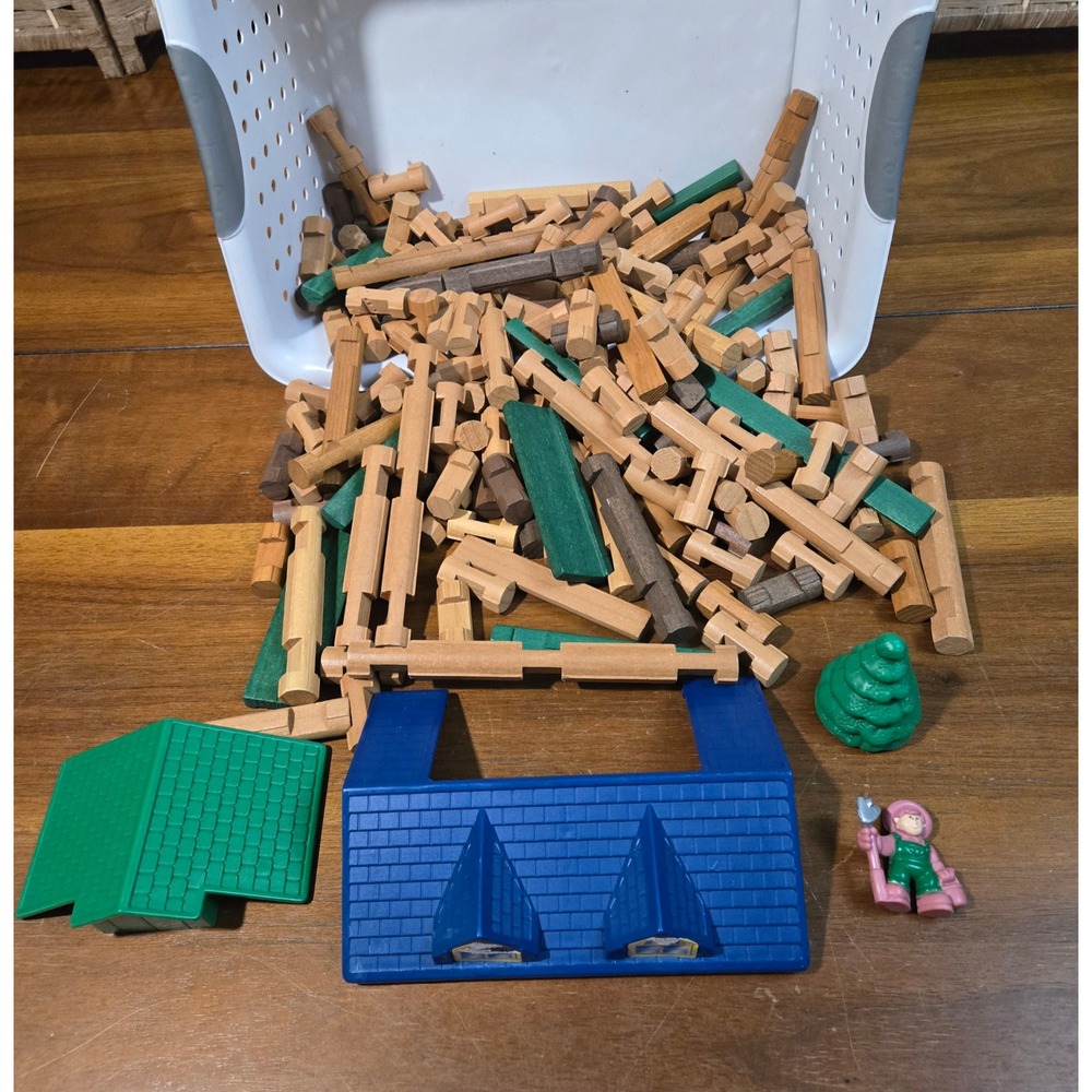 Lincoln Logs Wooden Building Set Large Lot Real Wood Pieces Roofs Figure Tree